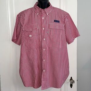 Turnrows red & white check vented short sleeve polyester/cotton shirt